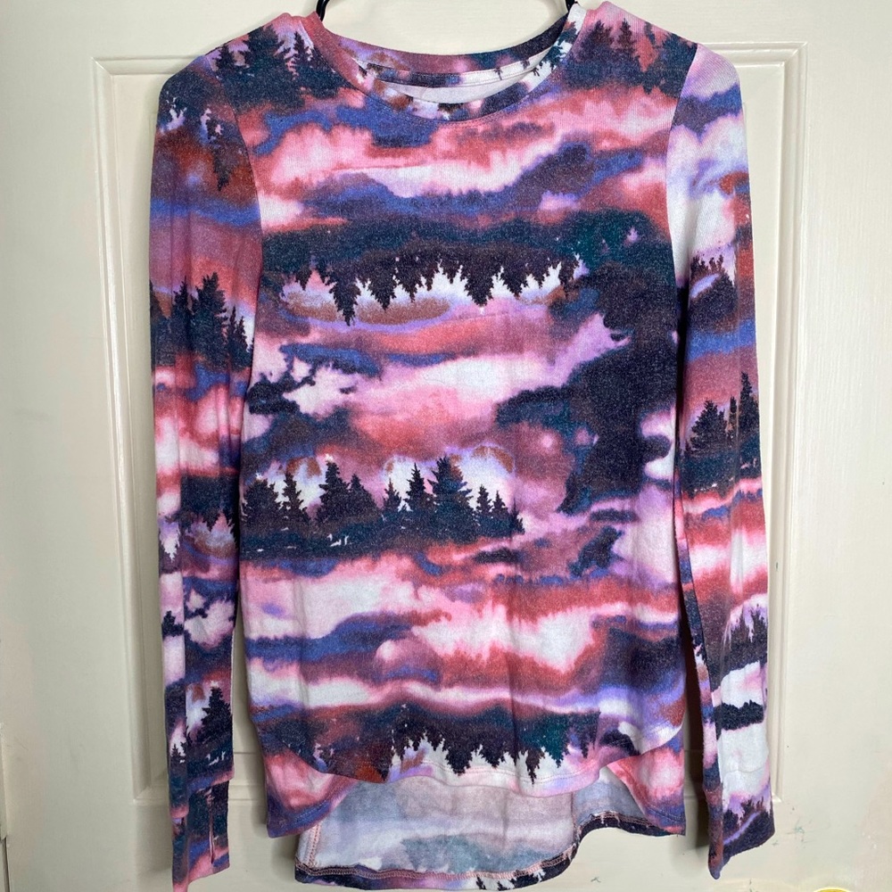 Cuddl Duds mountain long sleeve tunic top mountain tree T-shirt pink and blue